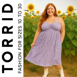 Torrid Purple Floral Midi Challis Sweetheart Smocked Bust Dress, NWT!